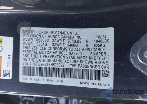 2025 Honda Civic Sport из США, поврежденный, VIN 2HGFE2F5XSH538392